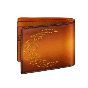 オーダーメイド革製品店が製作した革財布。二つ折りデザインステッチ入りイエローブラウン。
