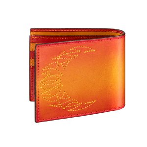 オーダーメイド革製品店が作ったデザインステッチのぼかし染めシリーズの革財布。イエローレッド