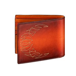 LilyleatherDesigで製作・販売。栃木レザーを使ったオレンジ×マホガニーぼかし染めのステッチの入った二つ折り財布。ビルフォード/BILLFOLD